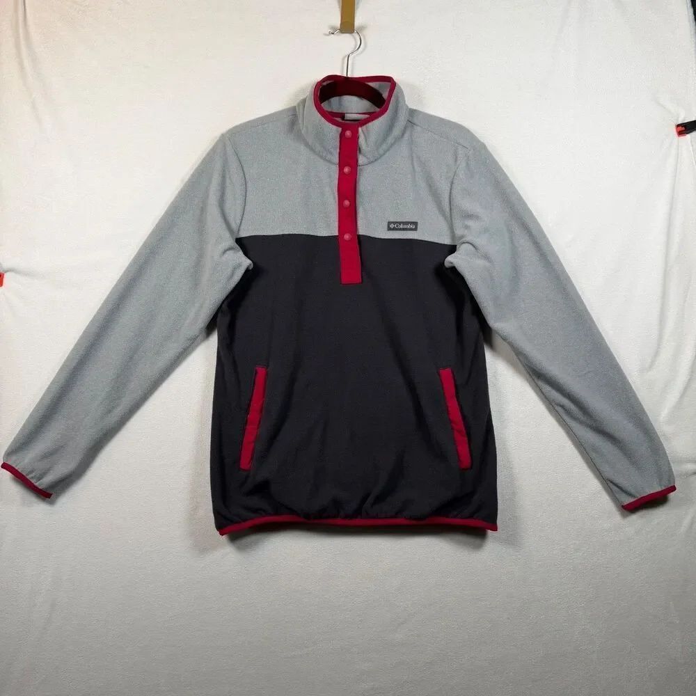 Columbia Fleece Pullover Snap Neck Jacket Womens L Gray Navy Red Colorblock